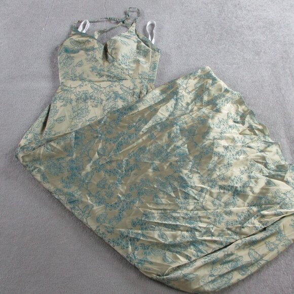 Azazie Adelin Dress Womens 6 Platinum Teal Open Back Maxi Jacquard V Neckline - Picture 2 of 10